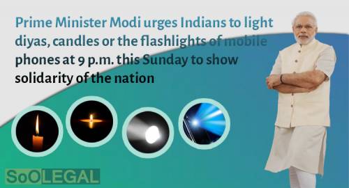 Prime Minister Modi urges Indians to light diyas, candles or the flashlights of mobile phones at 9 p.m. this Sunday to show solidarity of the nation
